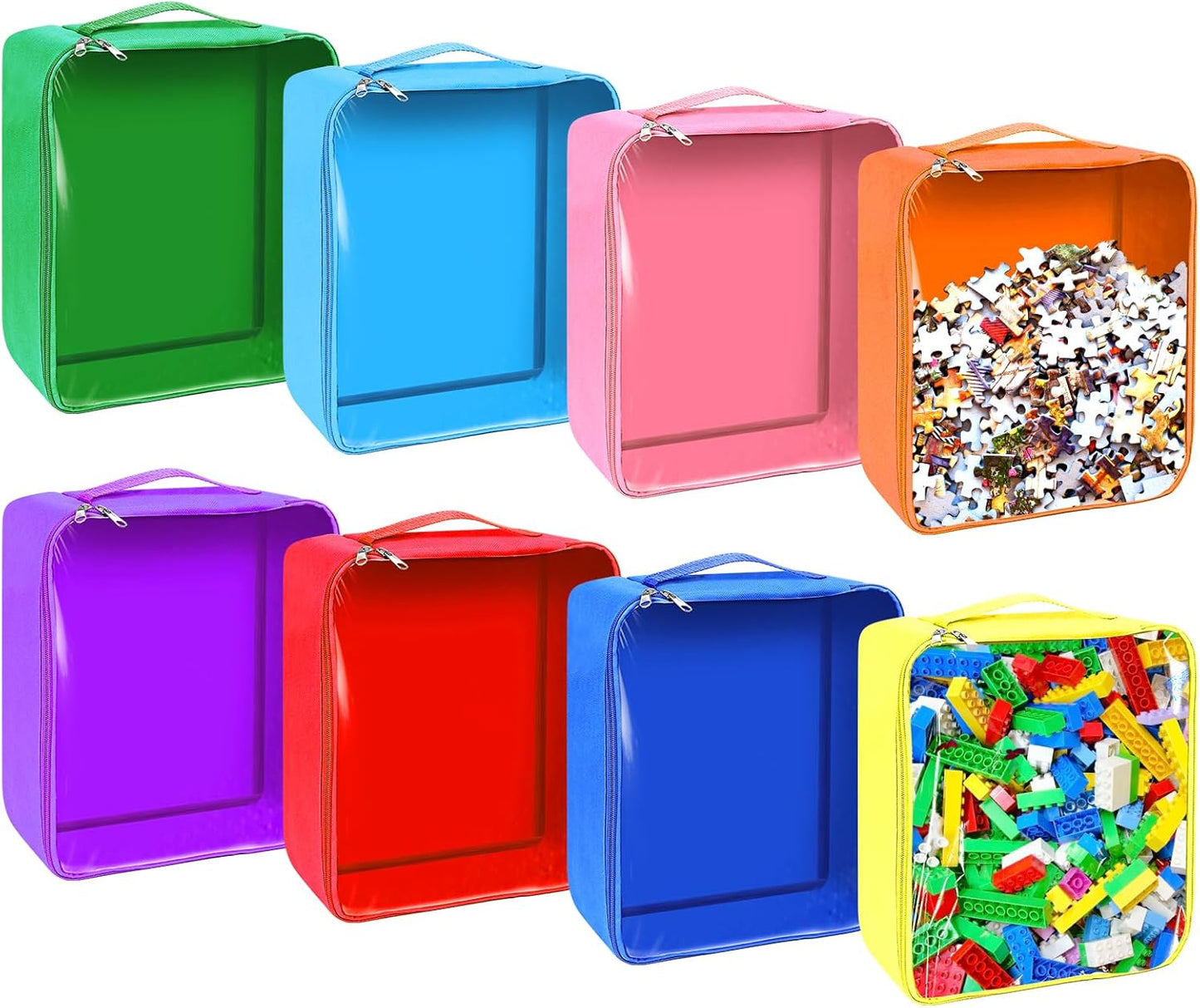 8 Packs Toy Storage Bags with Zipper, Clear PVC Organizing Bags, Reusable Toy Storage Organizer with Portable Handle, Travel Waterproof Organizer Bags for Building Blocks, Puzzle, Toys and Books