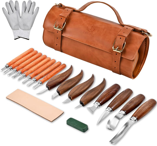 Deluxe Wood Carving Kit - 21Pcs Wood Carving Tools with Leather Storage Bag,Wood Carving Tools Set with 8Pcs Whittling Knives, 8Pcs Detail Carving Knives,Wood Whittling Kit for Beginners