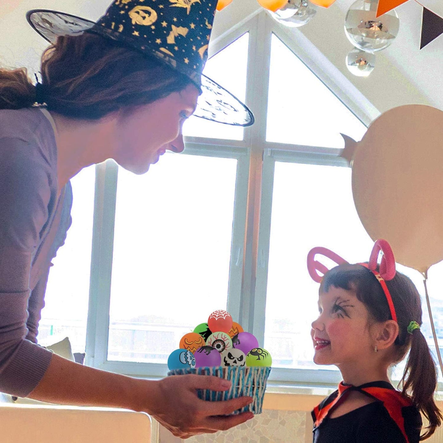 72 Glow in The Dark Bouncing Balls,Halloween Party Favors Supplies, 8 Halloween Theme Designs for School Classroom Game Rewards, Trick or Treating Goodie, Halloween Miniatures/Prizes(with pouch bag)