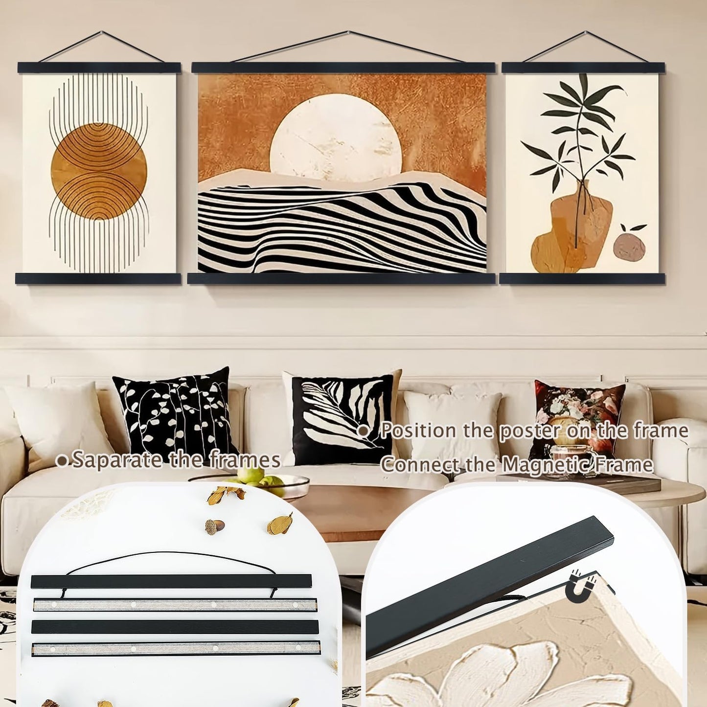 Artmag Magnetic Poster Hanger Frame, 36x24 36x48 36x12 Light Wood Wooden Magnet Canvas Artwork Print Poster Hangers Frames Hanging Kit (Black, 36")