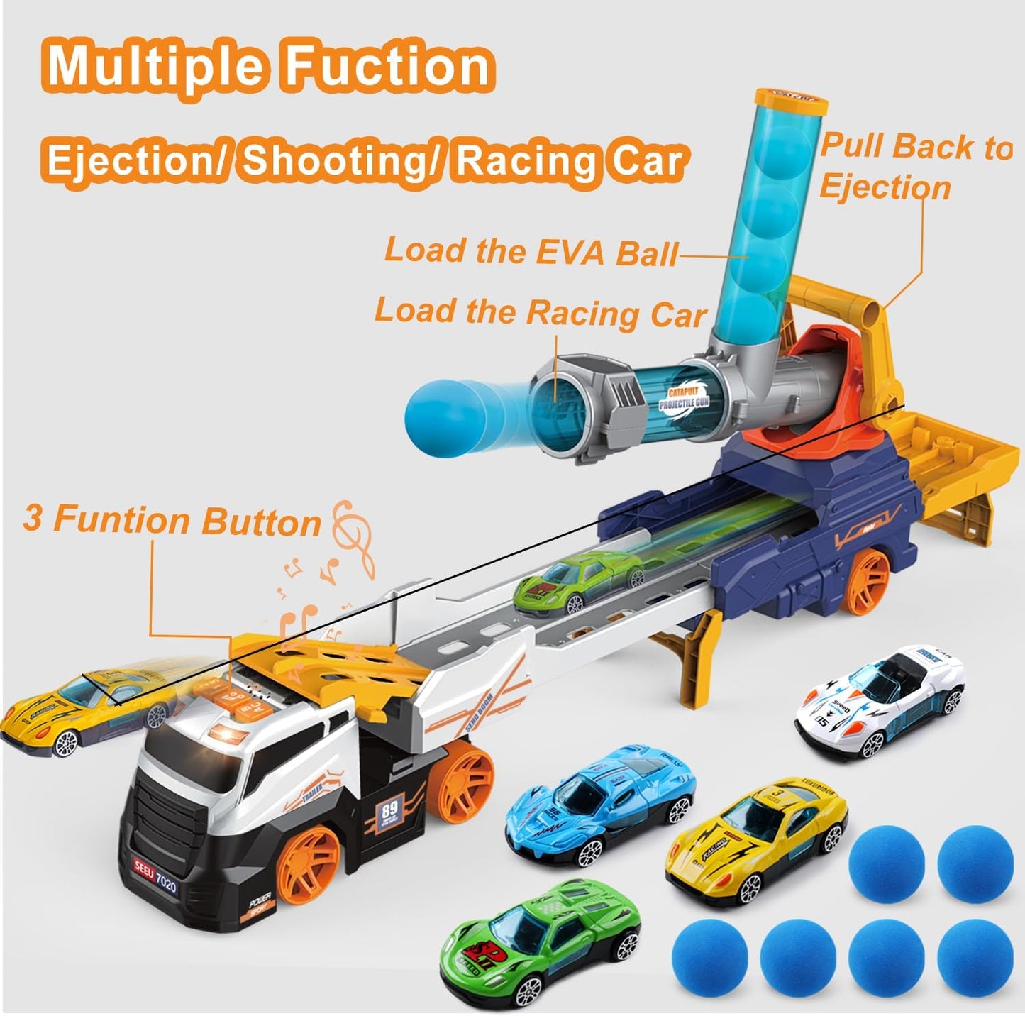 Dwi Dowellin Truck Toys for Kids, 28" Large Car Toys Include 4 Race Cars+6 Soft Foam Balls, with Light & Sounds, Eejection&Shooting Transport Trucks Toy, Gifts for Boys Girls 3 4 5 6 7 8+ Year Old