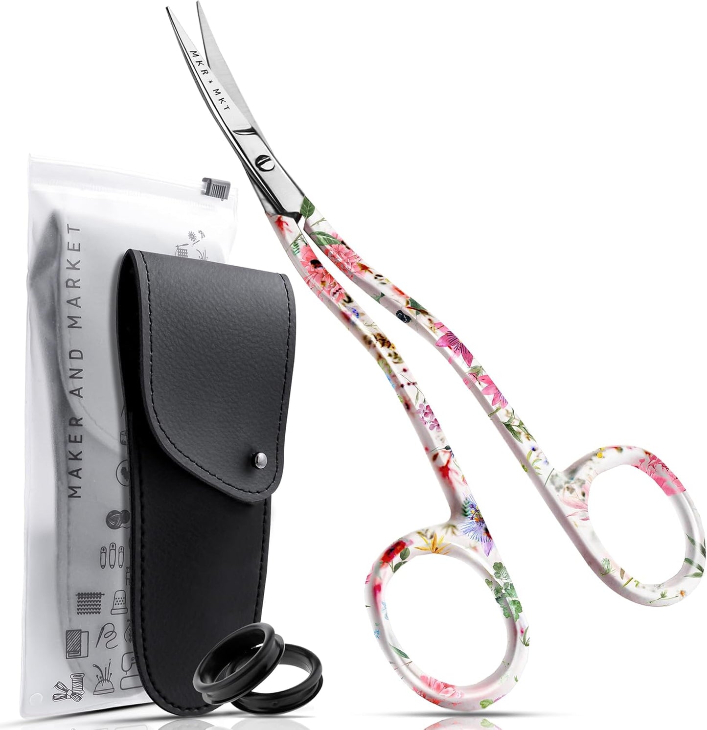 Applique Long Thin Needlepoint Blade 6.1 Inch - Double Bent Curved Offset Handle Scissors with Pouch Sleeve for Embroidery, Fabric, Thread, Knitting, Sewing, Arts & Craft (Floral)