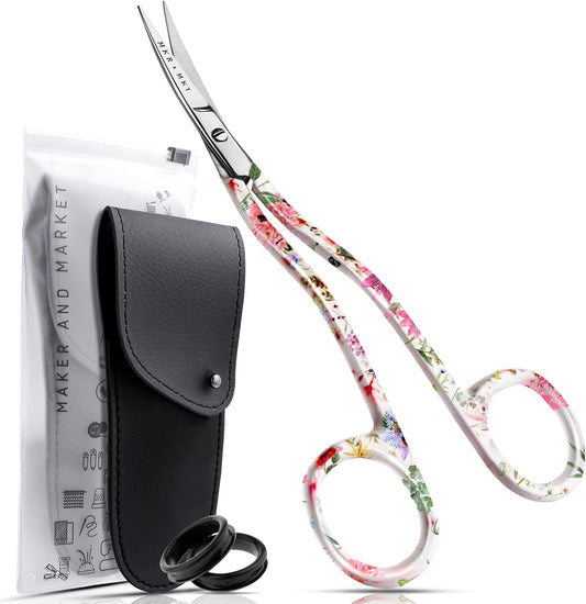 Applique Long Thin Needlepoint Blade 6.1 Inch - Double Bent Curved Offset Handle Scissors with Pouch Sleeve for Embroidery, Fabric, Thread, Knitting, Sewing, Arts & Craft (Floral)