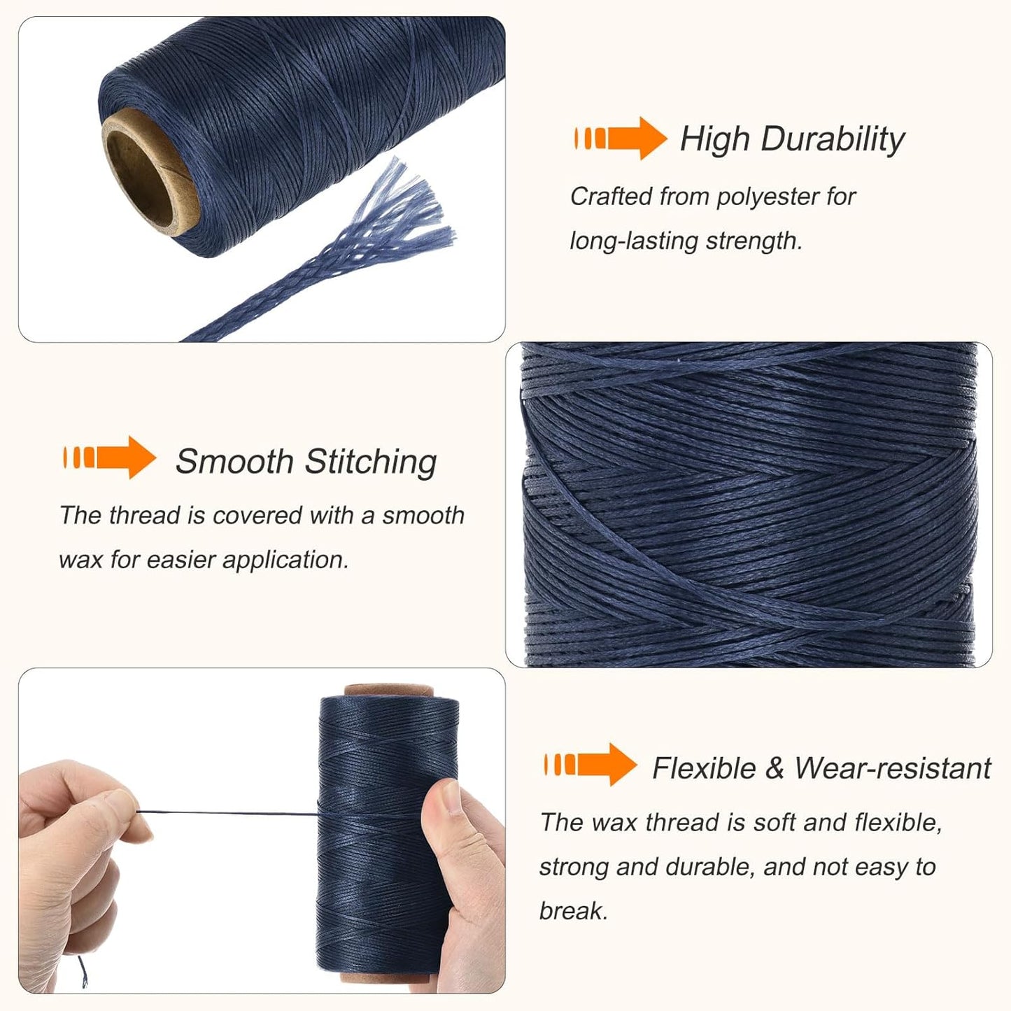 MECCANIXITY Waxed Thread,284 Yard 0.8mm 150D Flat Wax Thread Polyester Waxed String for Leather Sewing Hand Weaving Book Binding Home Decoration,Deep Blue
