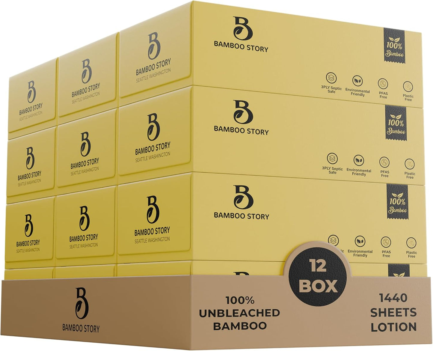 Bamboo Facial Tissues, Lotion Soft, 3-Ply Unbleached & Chemical-Free 1440 Sheets, Hypoallergenic for Sensitive Skin, FSC Certified, Plastic-Free, PFAS-Free, 100% Bamboo Tissues (12)