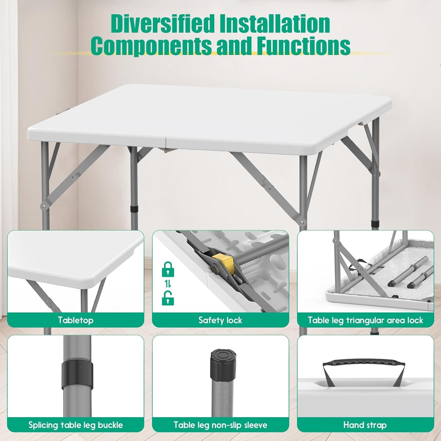 HLPB 34'' Square Folding Card Table 2 Pcs, Fold-in-Half Portable Dining Table with Handle and Safety Lock, Foldable Plastic Dining Table Indoor Outdoor for Camping, Picnic and Party Event, White