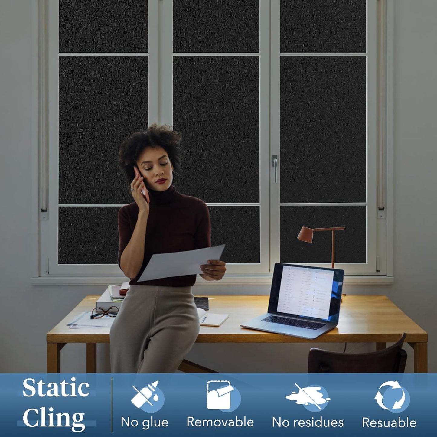 Haton Blackout Window Film, Frosted Privacy Cover for Glass, Sun Light Blocking Black Out Window Tint, Static Cling Room Darkening Heat Control Shades for Home Day and Night, Black 17.5" x 78.7"