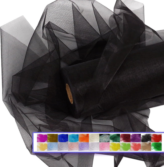 Black Organza Tulle Fabric Rolls, Crystal Organza 12" by 50 Yards (150 ft) Sheer Nylon Silky Shiny Netting Spool Bolt for DIY Craft Table Runner Wedding Baby Shower Party Decor (Black)