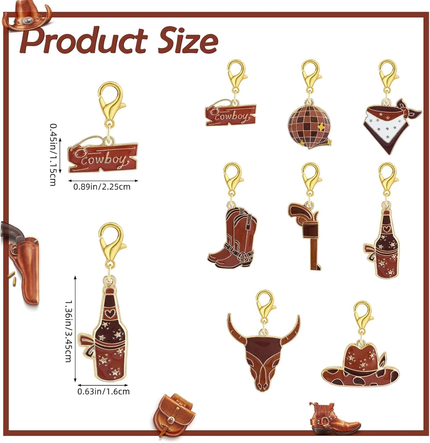 BEEFLYING 16Pcs Cowboy Stitch Marker Charms for Crocheting and Knitting, 8 Styles Brown Alloy Enemal Crochet Knit Stitch Marker Pendant with Leverback Clasp for Knitting Crocheting Accessories