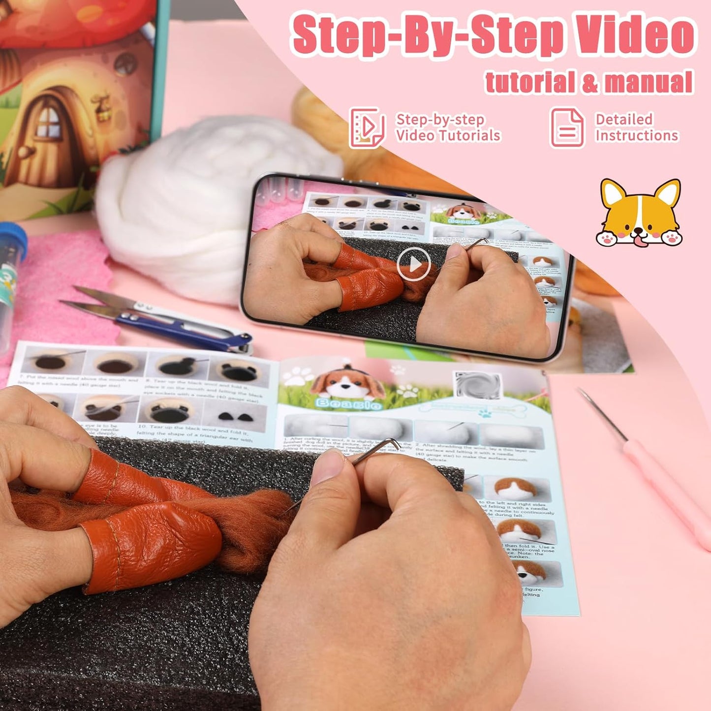 Needle Felting Kit, 61 Pcs Felt Dog Dolls Needle Felting Set with Felting Needles, Wool Roving, Felting Pad, Instruction Manual, Felting Beginner Tools for Felted Animal Needle Felting Supplies