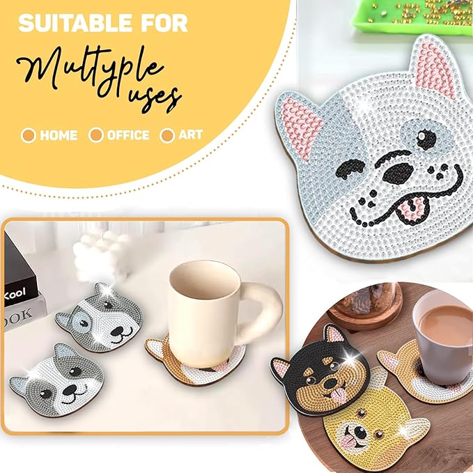 8 pcs Diamond Painting Coasters | Diamond Art Coasters | Dogs Diamond Art Painting | Perfect Art Craft Gift for Dogs Lover, Dad, Mom, Grandparents, Brother, Sister.