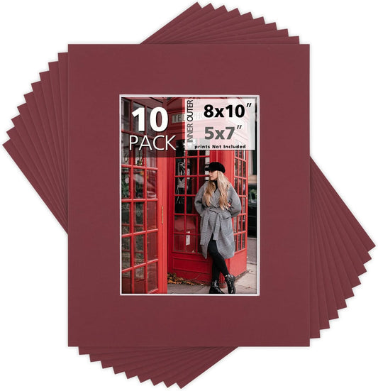 Mat Board Center, Pack of 10, 8x10 for 5x7 Maroon Color Mats - Bevel Cut, Acid Free, 4-ply Thickness, White Core - for Pictures, Photos, Framing