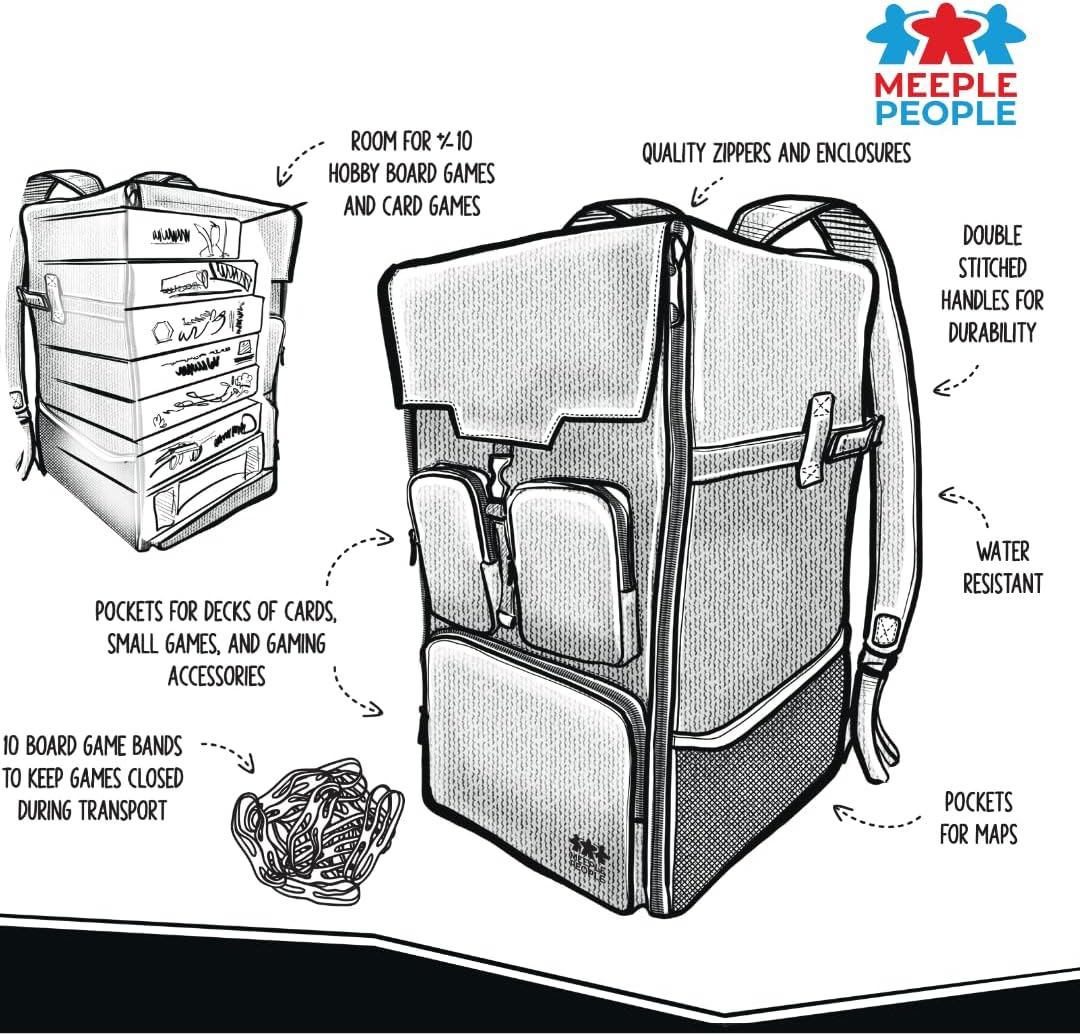 Board Game Backpack with 10 Board Game Bands, Padded Straps, Carrying Handle, Pockets for Small Games and Accessories