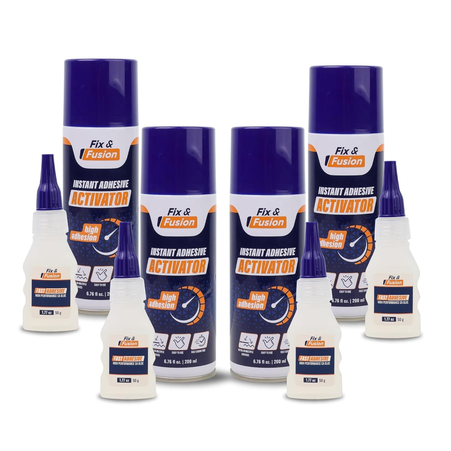 FIX & FUSION Ca Super Glue (1.77 Oz) with Activator Spray (6.76 Fl Oz) Set, Fast Adhesive/Cyanoacrylate Glue & Instant Activator for Woodworking, Plastic, Rubber, Granite, DIY & Industrial, (4 Pack)
