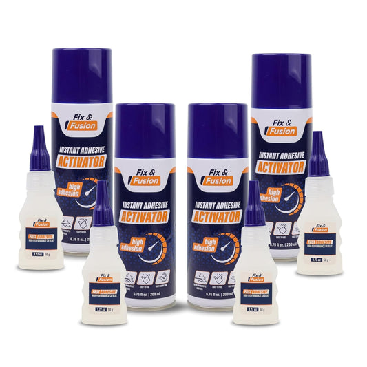 FIX & FUSION Ca Super Glue (1.77 Oz) with Activator Spray (6.76 Fl Oz) Set, Fast Adhesive/Cyanoacrylate Glue & Instant Activator for Woodworking, Plastic, Rubber, Granite, DIY & Industrial, (4 Pack)