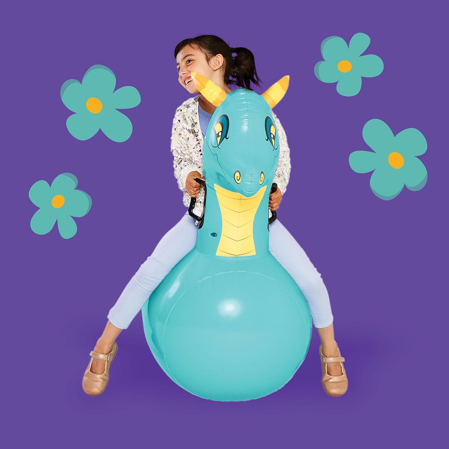 Hearthsong Hop N Go Inflatable Blue Dragon Bouncy Riding, Hopping Toys for Kids Ages 5+ - Ride On Bouncer Animal Hopper Jumping Toys for Outdoor Games