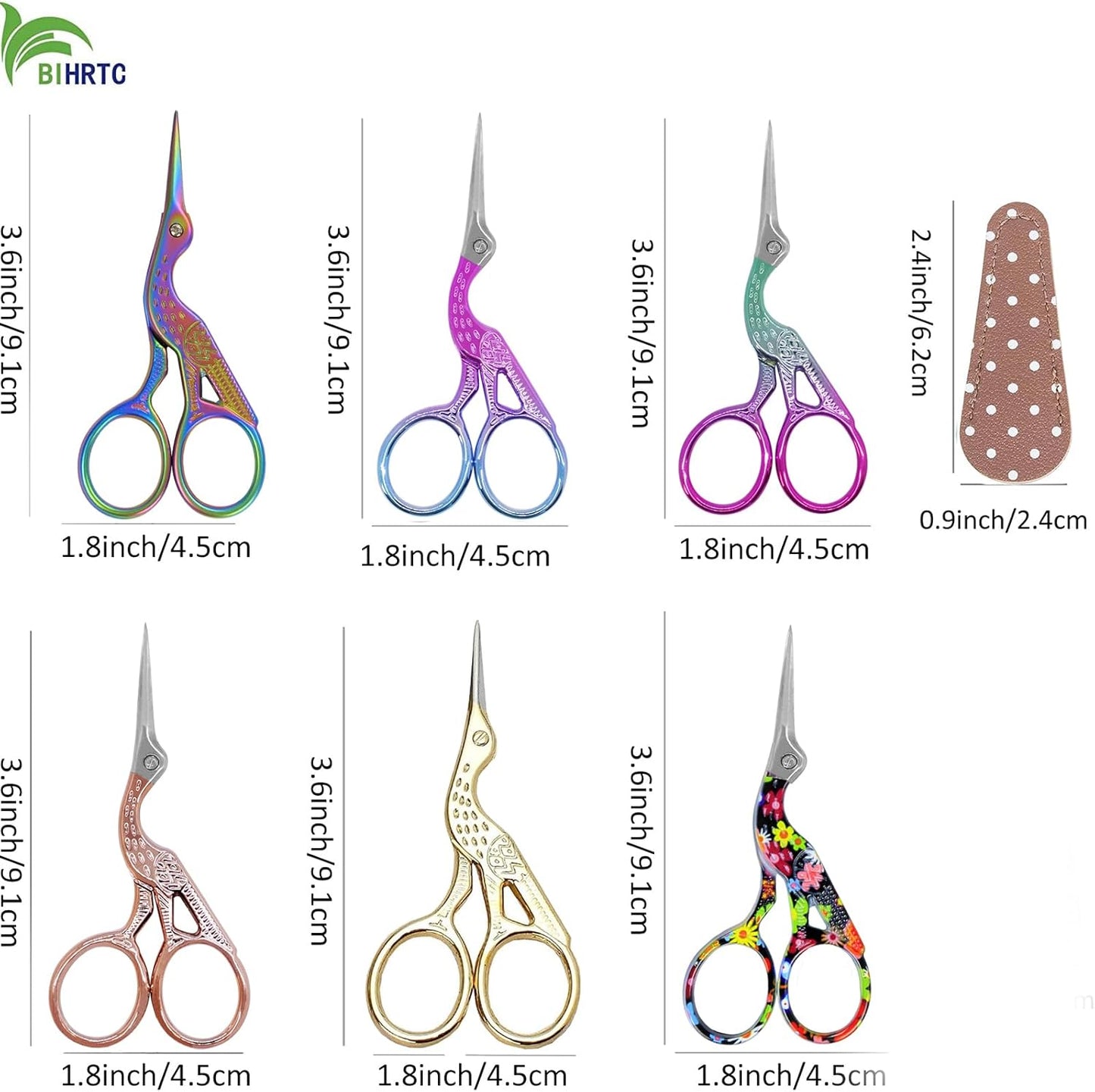 BIHRTC Little Scissors - 3.6inch Cross Stitch Scissors with Leather Cover and Stainless Steel Crane Design for Embroidery, Sewing, Crafting, Art Work, Needlework