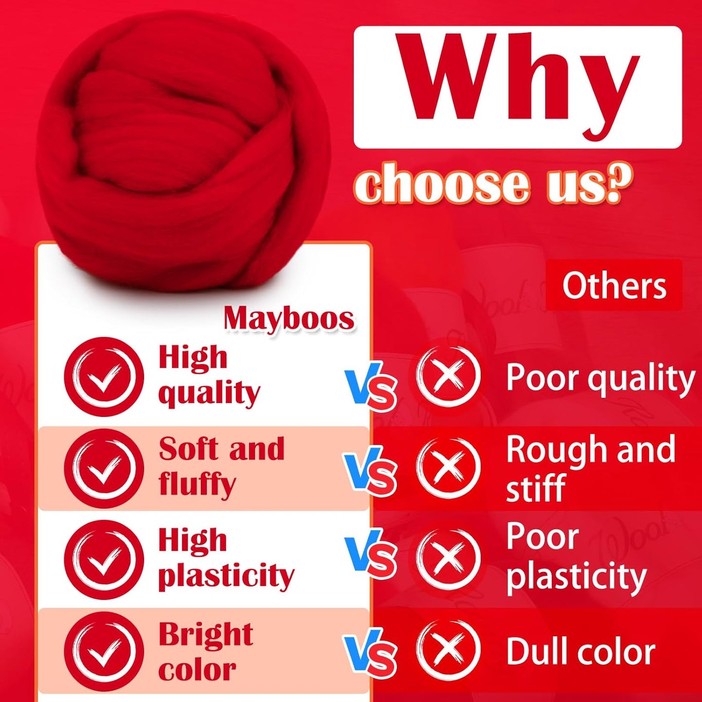 Mayboos Wool Roving Yarn, 1.76oz Colored Natural Wool Roving,Wool Felting Supplies Pure Wool Chunky Yarn for Wet Felting handcrafts and Spinning (Red Color)