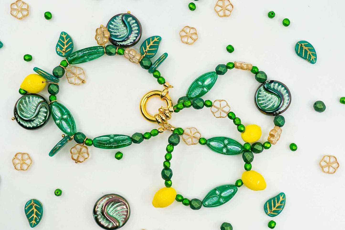 2.1oz (60g) of Focal Czech Glass Bead Mix with Lemon Shaped Beads, Seashel Beads and Leaf Beads, Emerald