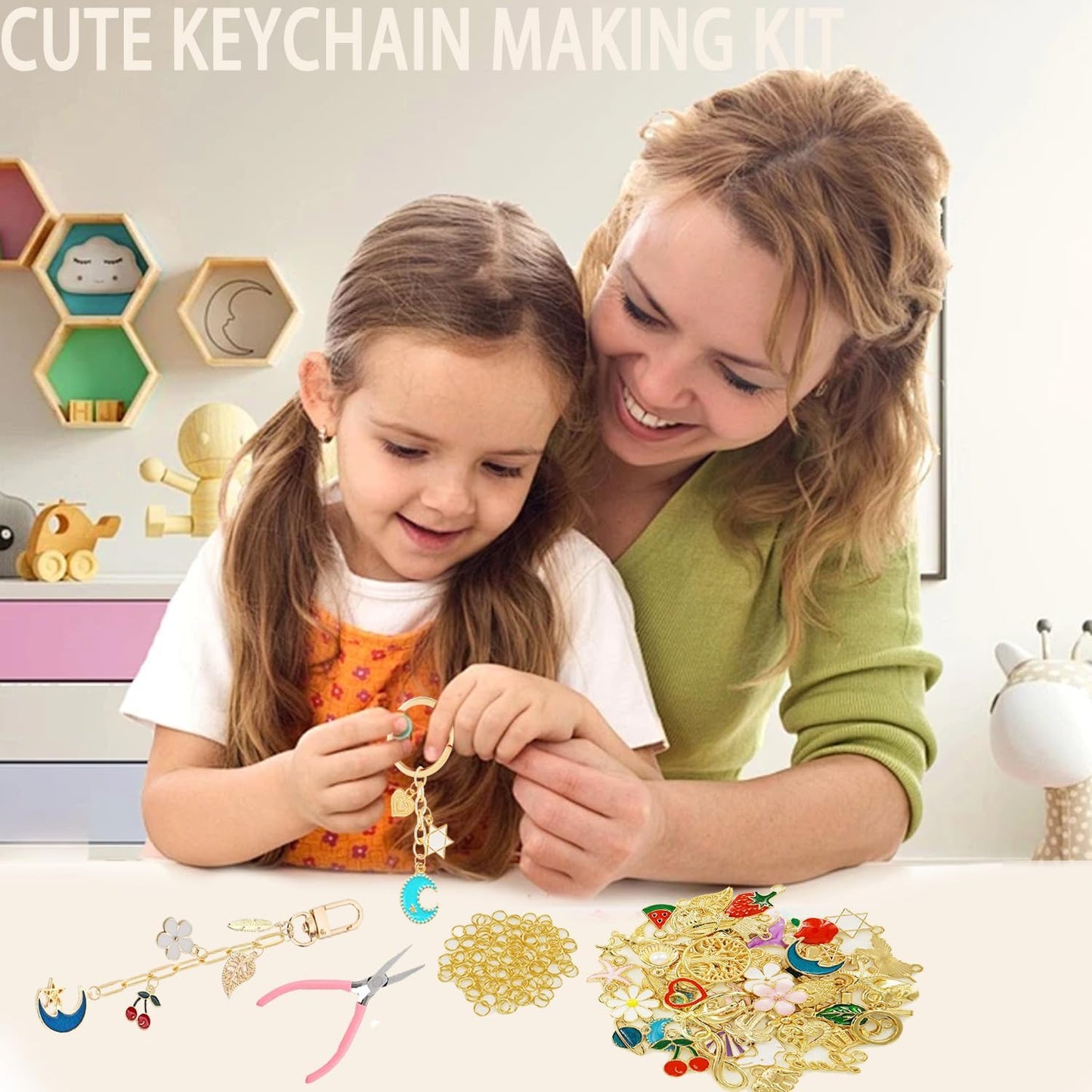 MORWLAT 281 PCS Gold DIY Keychain Making Kit Cute Bag Charm Kit 60 Charms 8 Keychain Clips with Key Ring Swivel Snap Hook Lobster Claw Clasps 200 Jump Ring Jewelry Plier DIY Set Women Craft (60)