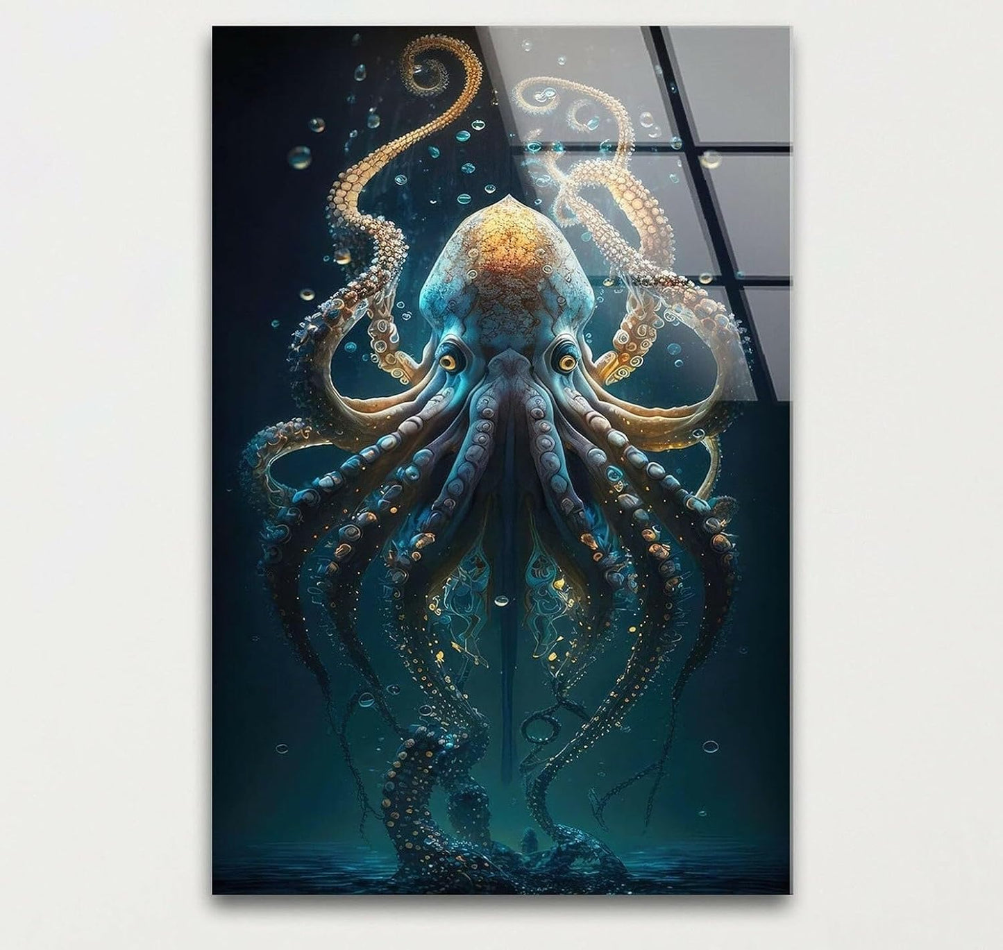 My Photostation.com 27Wx43H'' Underwater Blue Octopus Glass Wall Art Tempered Glass Printing Wall Decor Large Wall Art Wall Hangings