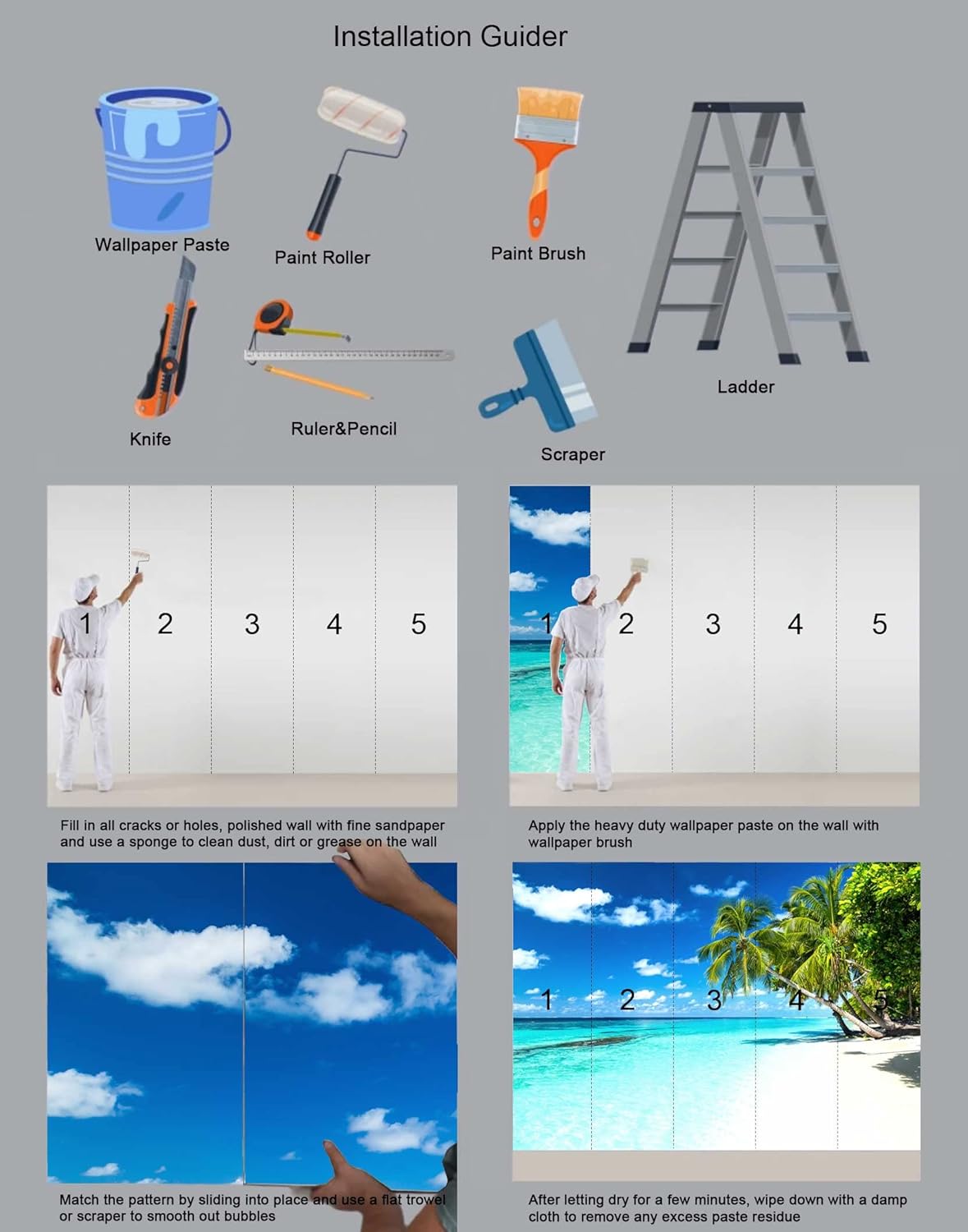 Palm Tree Wall Mural Tropic Paradise Beach Seascape Murals Wallpaper for Walls Bedroom Living Room Bedroom TV Background Kids Room Decoration（Not Peel and Stick）