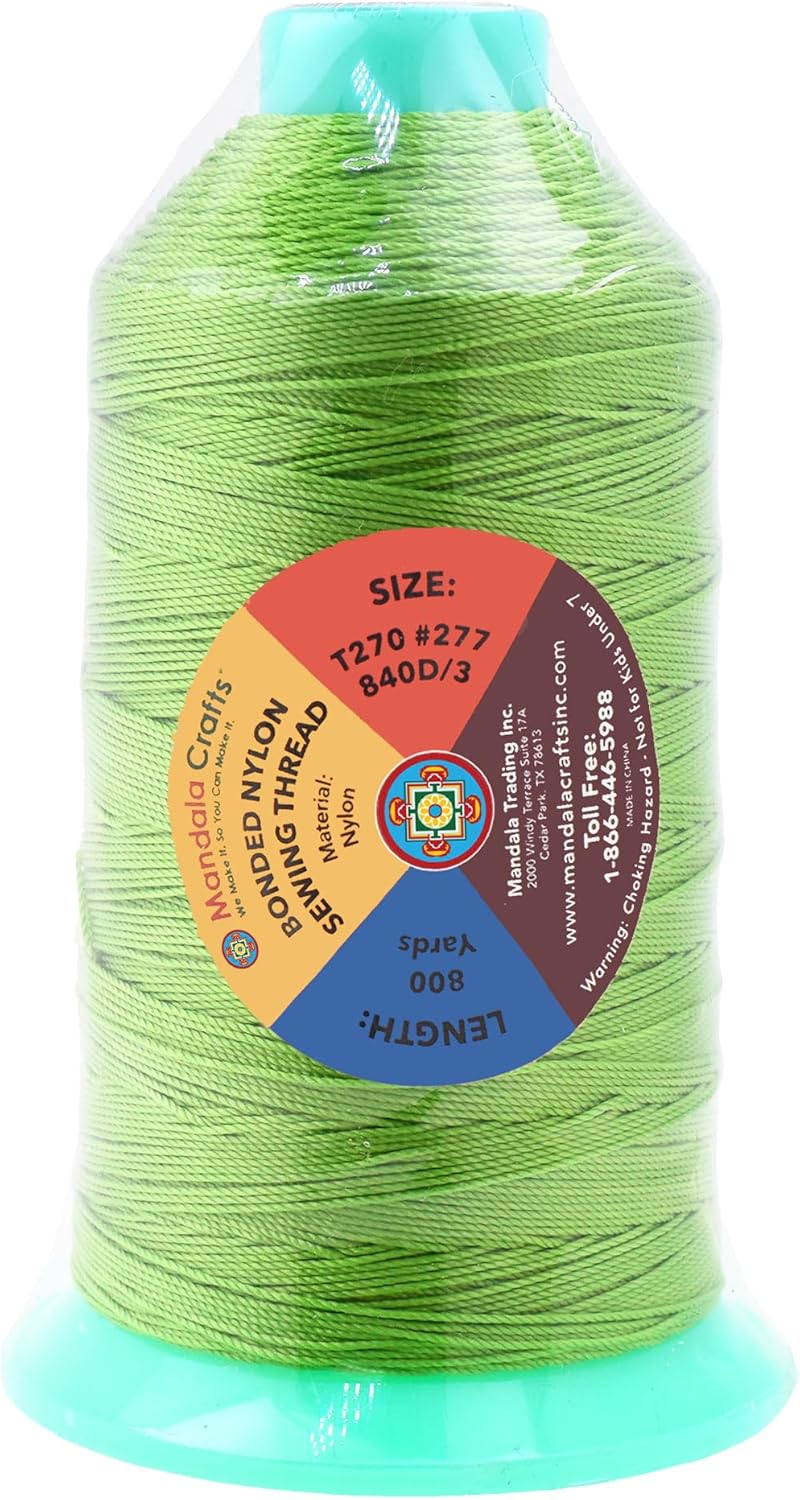 Mandala Crafts Bonded Nylon Thread Apple Green Heavy Duty Sewing Threads - 800 YDs Size 277 840D T270 Tex 270 Thread for Leather Jeans Weaving Outdoor Marine Upholstery Threads