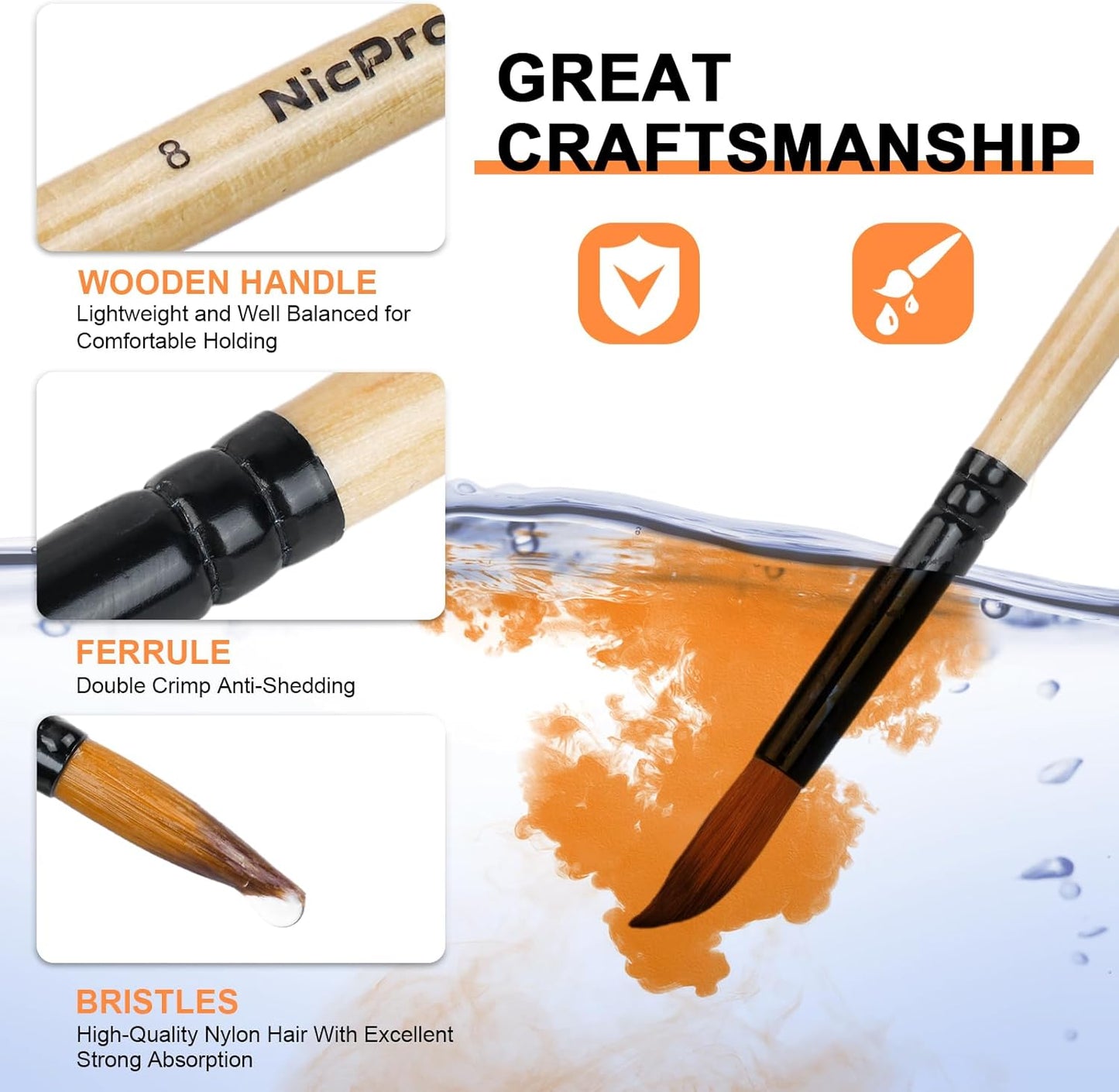 Nicpro 36pcs Paint Brush Set, Professional Paintbrushes with Palette Knife and Cloth Roll, Suitable for Acrylic Painting, Oil, Watercolor, Gouache, Art Supplies for Artists & Beginners (Wooden Color)