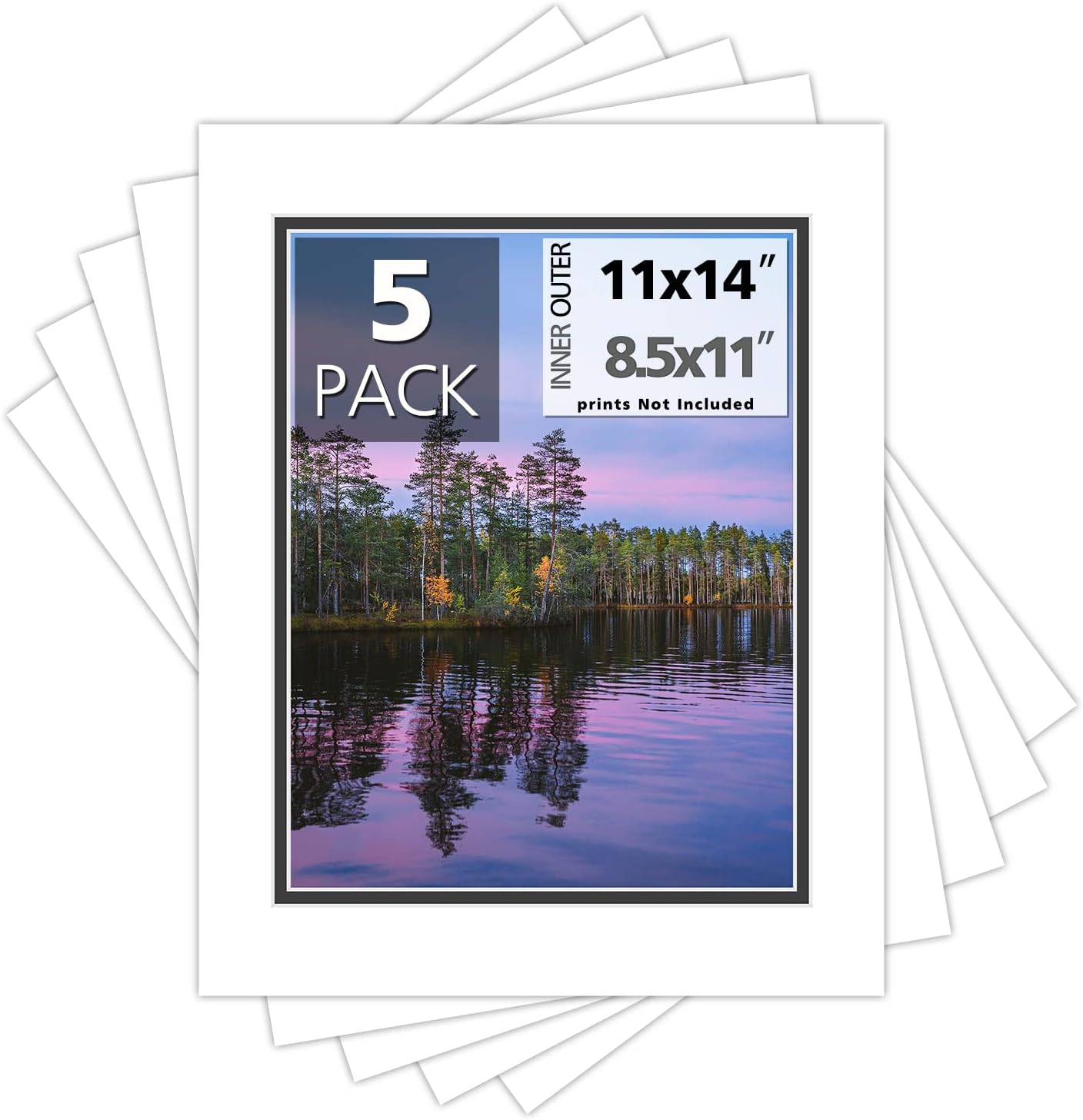 Mat Board Center, Double Mat - Acid Free, 8-ply Thickness, White Core - for Pictures, Photos, Framing (White Over Black, 11x14 for 8.5x11, Pack of 5)