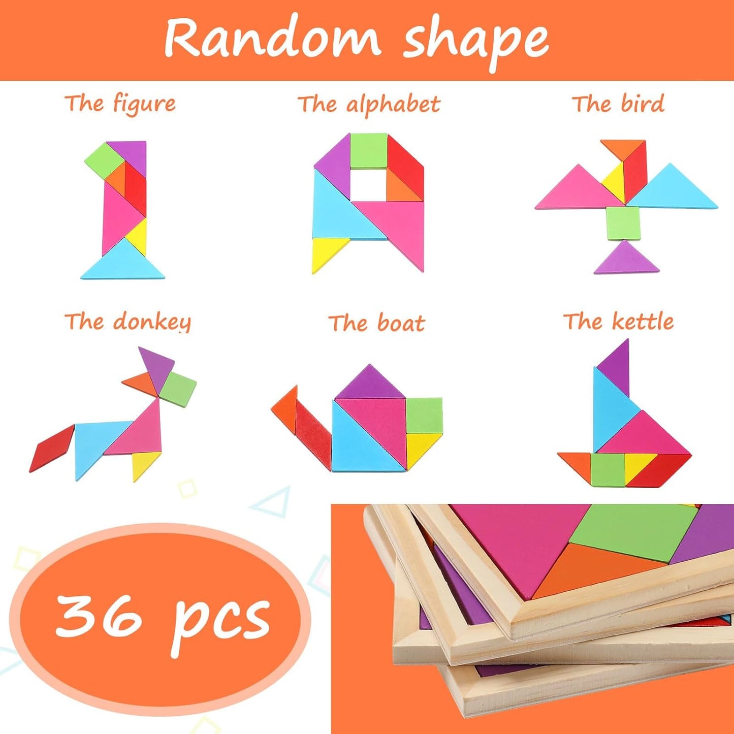 Shappy 36 Pieces Wooden Tangram Puzzles for Kids Educational Shape Puzzle Toys Geometric Pattern Brain Logic Puzzle Blocks for Students Educational Activities Back to School Gifts(Classic Style)