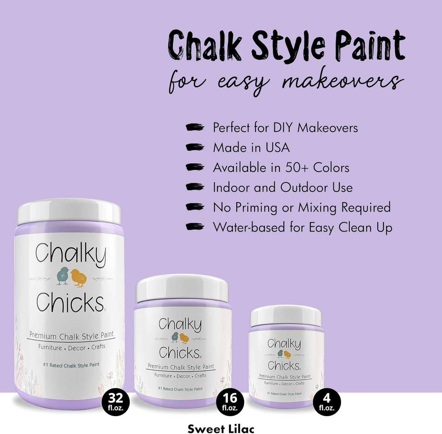 Chalky Chicks All-in-One Chalk Paint for Furniture or Cabinet -16Fl Oz-Matte Finish Sweet Lilac (Light Purple) for Metal, Wood Furniture Paint - No Sanding All-in-One for Home Decor & Crafts, USA Made