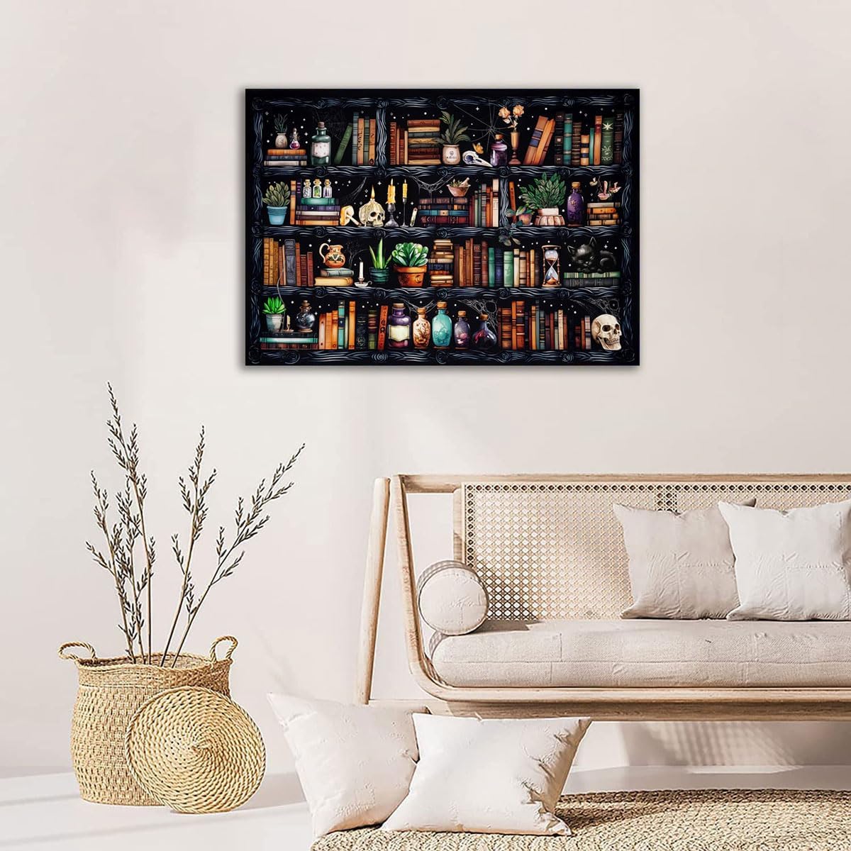 Bookshelf Stamped Cross Stitch Kits - Magical Book Counted Cross Stitch Kits for Beginners Adults Skull Needlepoint Cross-Stitch Patterns Dimensions Needlecrafts Embroidery Kits Arts and Crafts