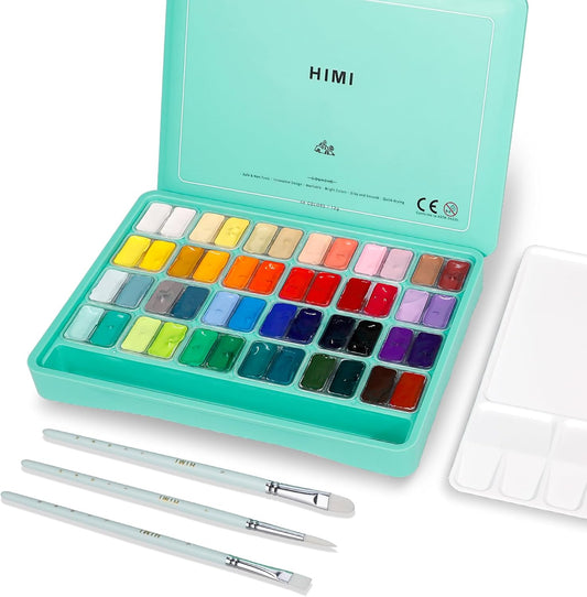 HIMI Gouache Paint Set, 48 Colors x 0.4oz, Twin Cup Jelly Design, bouns 3 Brushes & a Palette, Non-Toxic, Opaque Guache Paint for Canvas and Watercolor Paper - Perfect for Beginners, Students, Artists