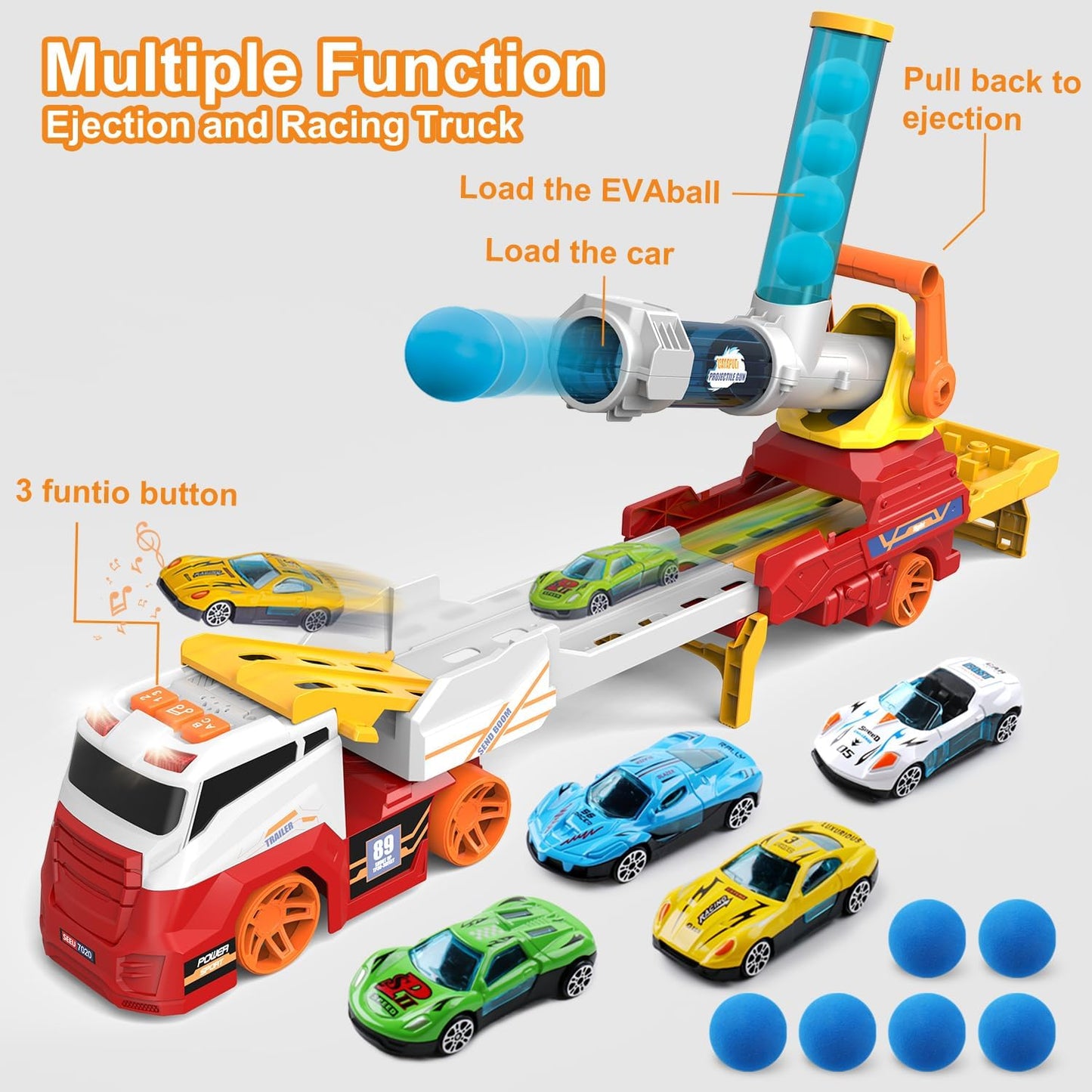 Dwi Dowellin Truck Toys for Kids, 28" Large Car Toys Include 4 Racing Cars+6 Ball, with Light & Sounds, Eejection&Shooting Transport Cars Toy, Gifts for Boys Girls-RED