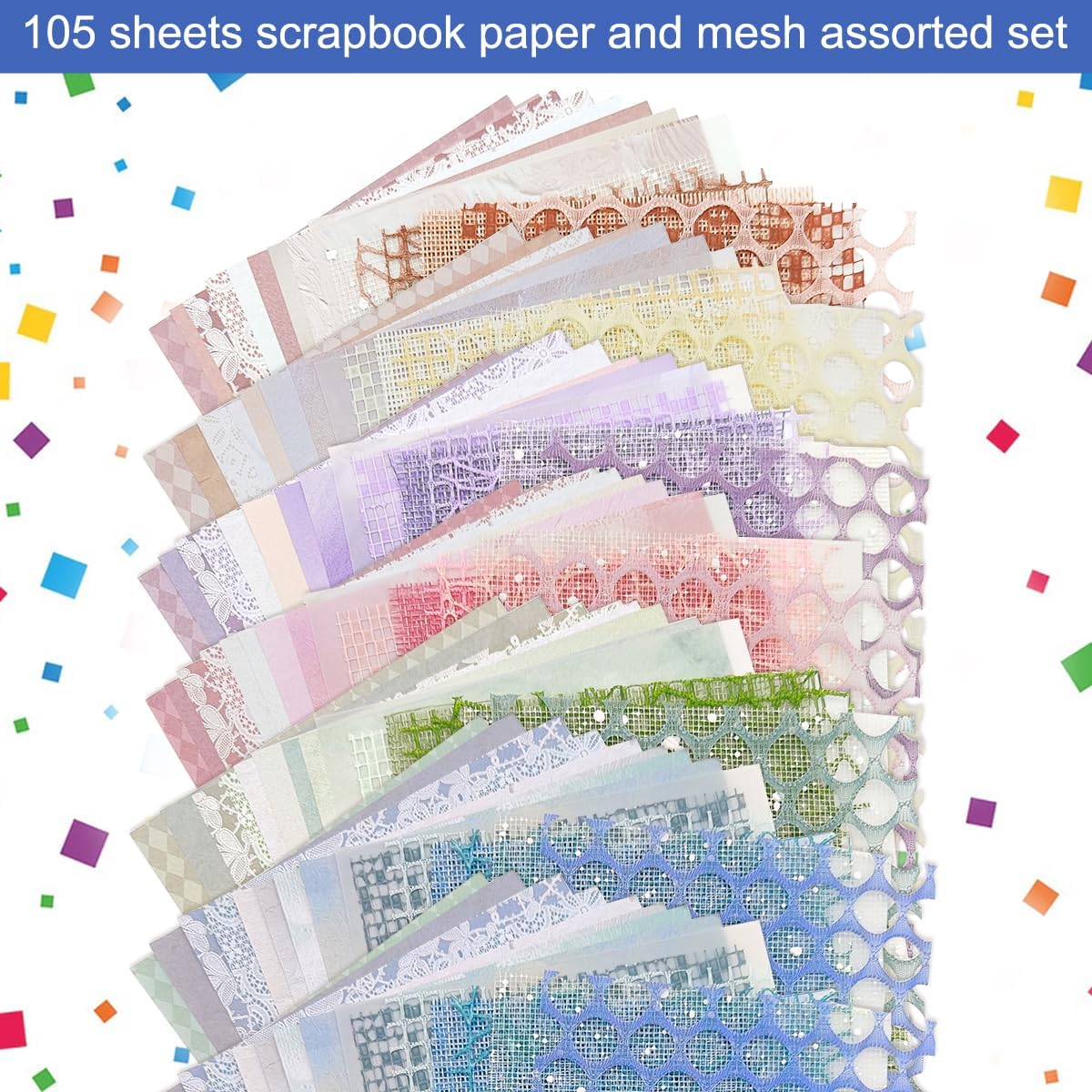 105 Sheets Scrapbook Paper Decorative Textured Paper, FineGood Mesh Fabric Assorted Set Craft Paper for Junk Journal Supplies Scrapbooking Planner Card Making