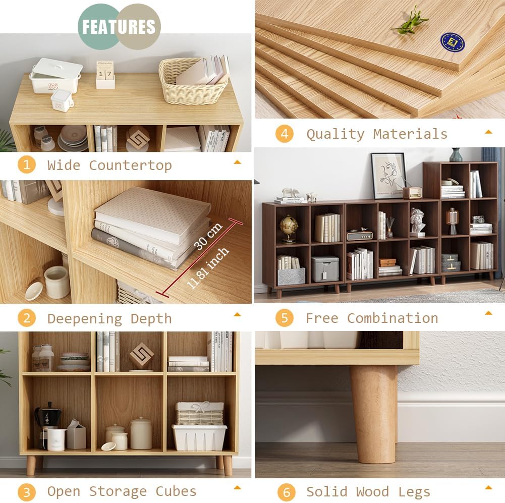 IOTXY Freestanding Open Cubes Bookcase - 2-Tier Floor Standing Wooden Storage Display Cabinet Organizer with Legs for Home Office, 6-Cubes Open Shelf Low Short Bookshelf, Walnut