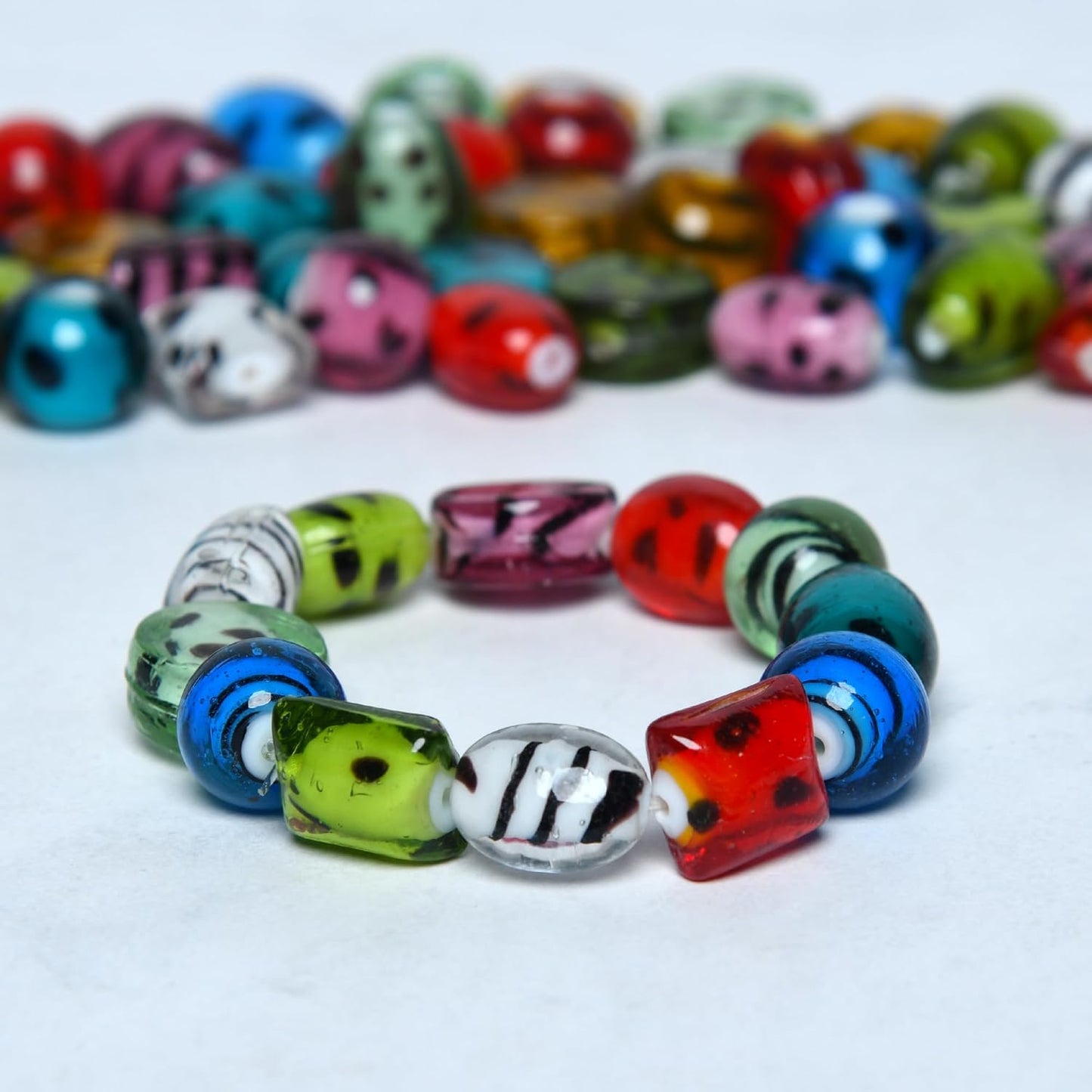 2/3 LB Bag of Assorted Glass Beads for Jewelry Making, Lampwork Murano Bead Mix for Bracelets and Necklaces, Crafting Beads Supplies Kit, Large & Small Beads (Dots + Stripe Mix)