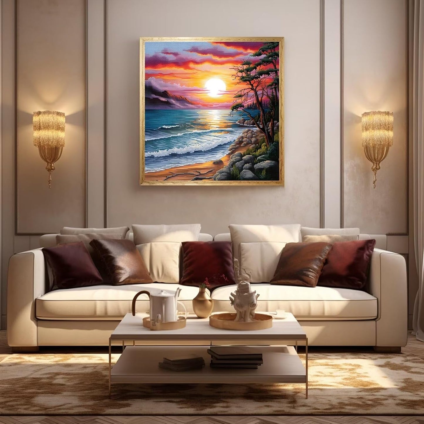 Xinpinzhou Seaside Landscape 11ct Cross Stitch Kits, 11 CT Funny Pre Printed Counted Stamped Cross Stitch Embroidery Needlepoint Patterns Kits for Beginners Adults Crossstitch 40x40 cm