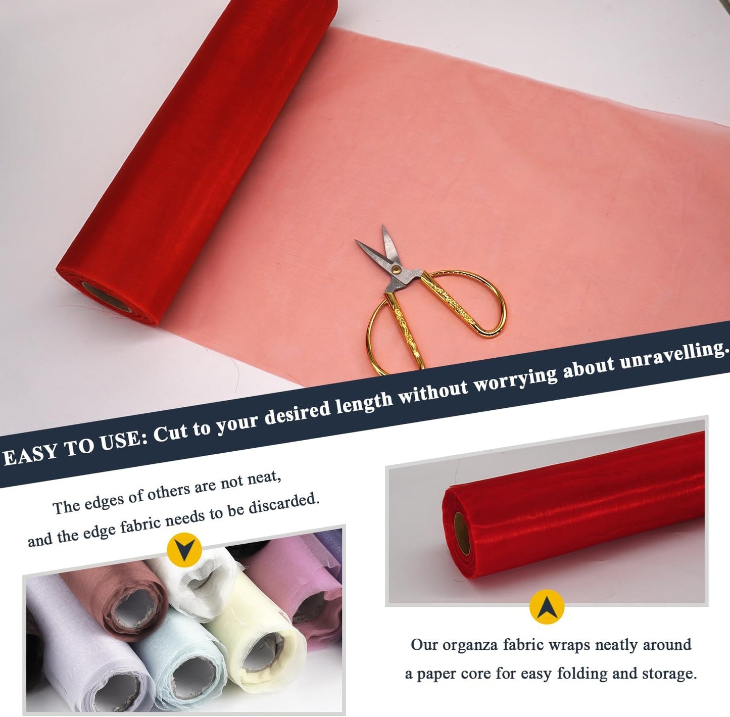 Red Organza Tulle Fabric Rolls, Crystal Organza 12" by 50 Yards (150 ft) Sheer Nylon Silky Shiny Netting Spool Bolt for DIY Craft Table Runner Wedding Baby Shower Party Decor (Red)