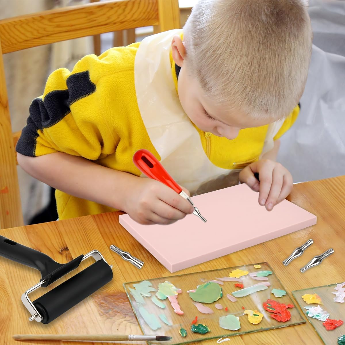 12 Pack Linoleum Blocks for Printmaking with Cutter Tools, Pink Rubber Carving Blocks Linoleum Block Stamp Making Kit for DIY Printmaking, Printing and More Crafts