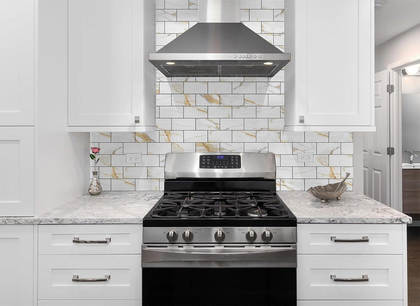 4 Pieces Peel and Stick Backsplash for Kitchen, 3" x 6" PVC Subway Tile Upgraded Calacatta Gold with Dark Gray Grout Backsplash Stick on Tile Elevate Kitchen, Bathroom, Fireplace,RV