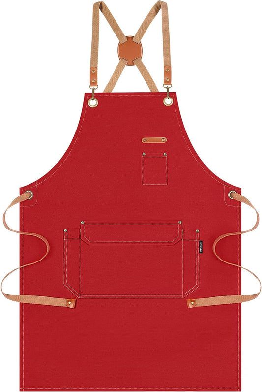 Genixart Chef Apron for Men Women with Gift Box Pack, Cross Back Apron with Pockets for Kitchen Cooking Baking Artist Painting, Cotton Canvas Work Aprons for Shop, Garden, Restaurant, Cafe (Red)