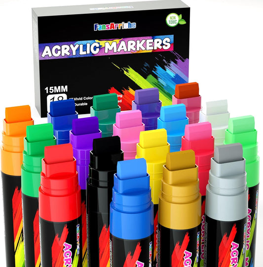 FansArriche Acrylic Paint Markers, 15mm Jumbo Felt Tip, 18 Colored Waterproof and Permanent Paint Pens for Tagging, Signs, Calligraphy, and Outdoor Paintings
