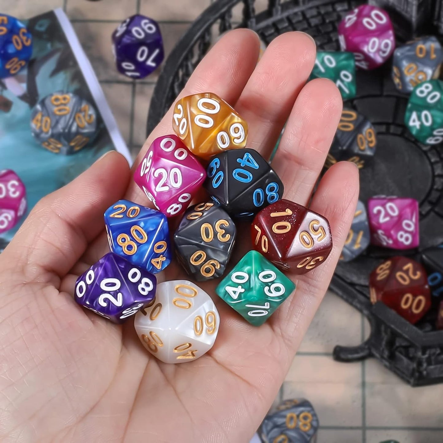 CiaraQ DND Polyhedral Dice (100pcs) with A Dice Bag Compatible with Dungeons and Dragons DND RPG MTG Role Playing Table Games (D% dice, 10 colors-100 pcs)