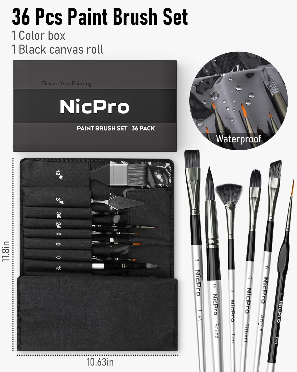Nicpro 36pcs Paint Brush Set, Professional Paintbrushes with Palette Knife and Cloth Roll, Suitable for Artists and Beginners for Acrylic Painting, Oil, Watercolor, Gouache