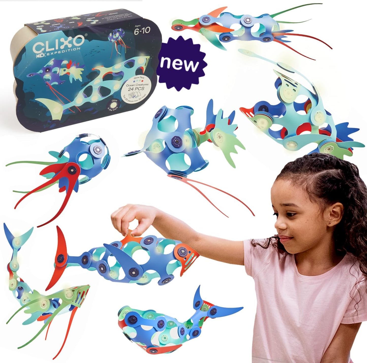 Clixo Ocean Creatures Pack - Glow-in-The-Dark Magnetic Building Toy - 24 Flexible Magnet Pieces for Underwater Adventure. Imaginative STEM Toy. Screen Free Kids Gift & Travel. Ages 6+ [New]