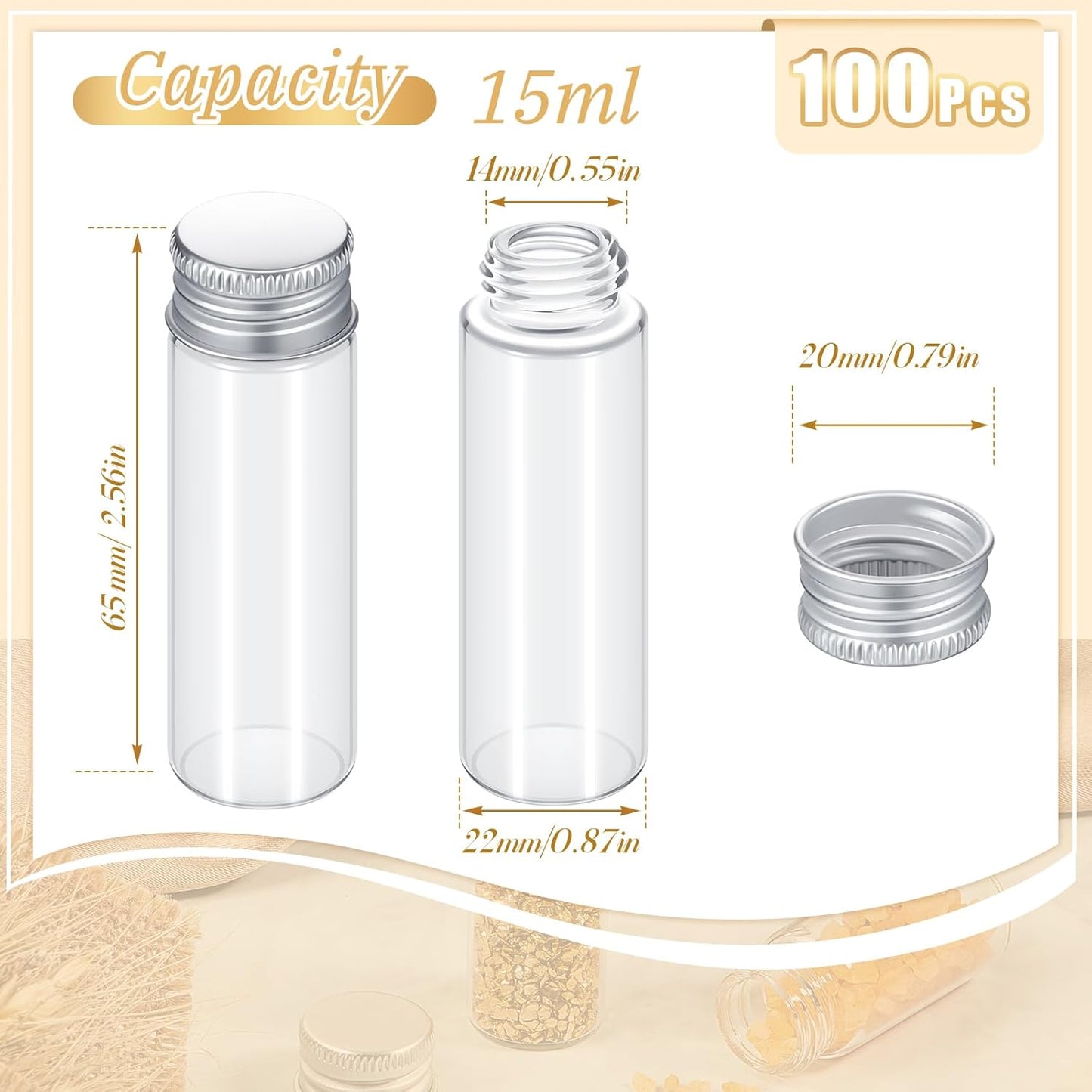 100 Pcs Small Clear Vials Spice Mini Jars with Lids Mini Glass Bottles with Screw Aluminum Metal Caps Tiny Jars Sample Containers for Powder Cream Cosmetic Jewelry Wedding (15 ml,Silver Caps)