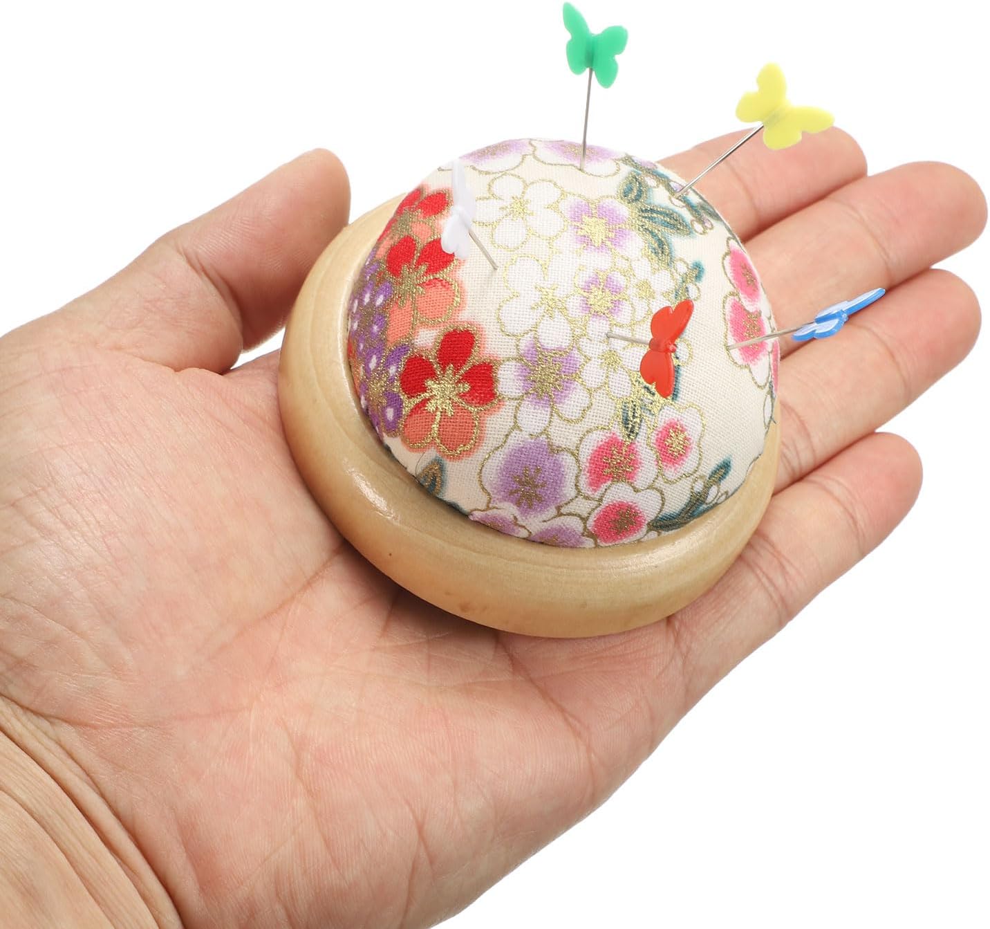 HARFINGTON Pin Cushion Wooden Base Japanese Style Round Pincushion Needle Holder for Sewing Quilting Needlework DIY Crafts, White Floral Style