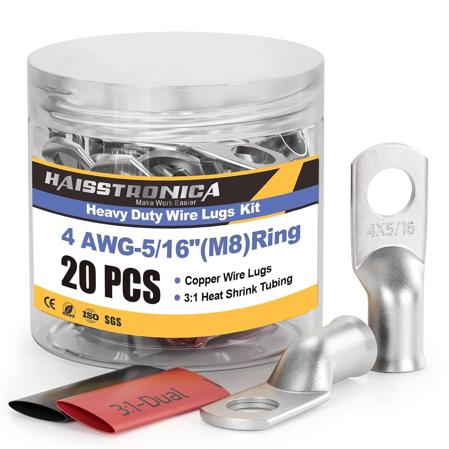 haisstronica 10pcs 4 AWG - 5/16" (M8) Tinned Copper Battery Lugs, Heavy Duty Copper Wire Lugs with 10pcs 3:1 Adhesive Heat Shrink Tubing, 4 Gauge Wire Lugs, Tinned Copper Battery Cable Ends