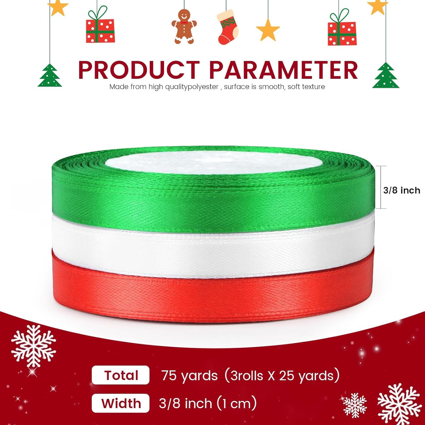 3/8" Ribbon Set - Red White and Green Ribbon (25 Yards Each) | Perfect for Gift Wrapping, St. Patrick's Day Mother's Day Crafts, Hair Bow, and Holiday Decor